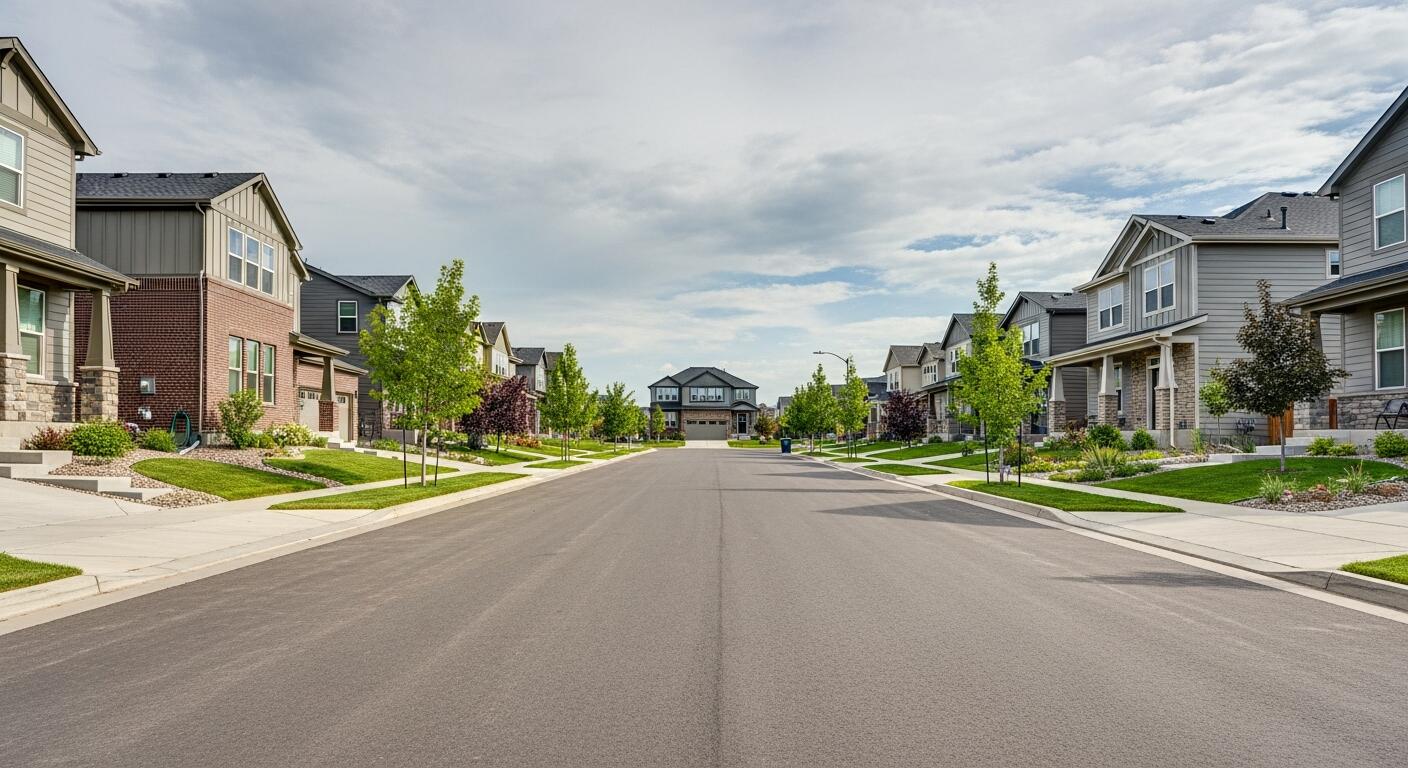 Residential street and homes in the Wheatlands neighborhood in Aurora, Colorado