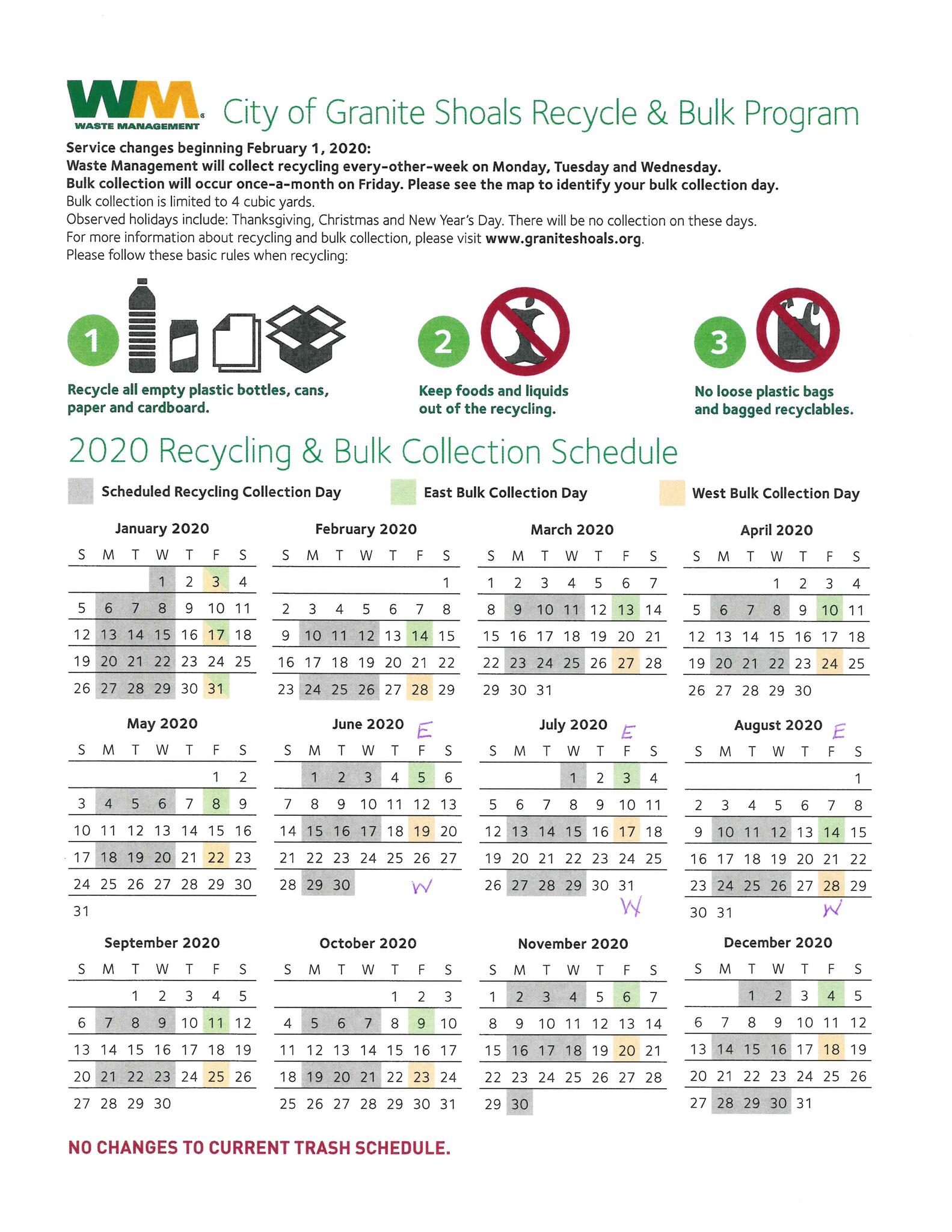 Recycle and Bulk Pick Up Calendar for Granite Shoals (City of Granite