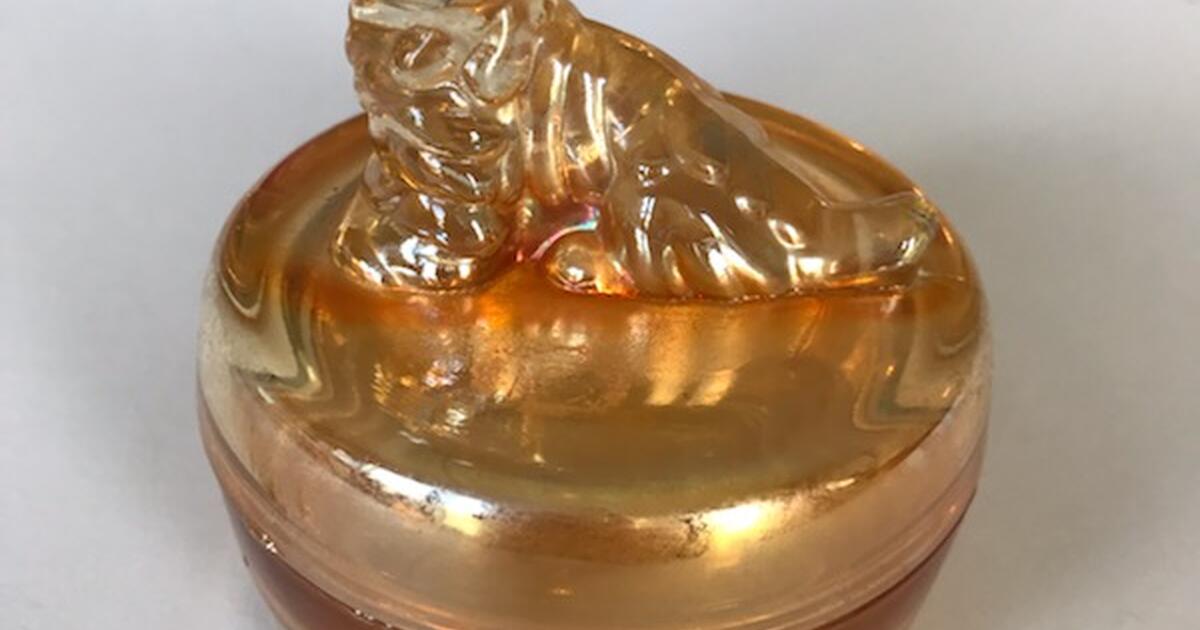 Vintage Iridescent Marigold Carnival Glass Dog Puppy Jar Bowl Dish with