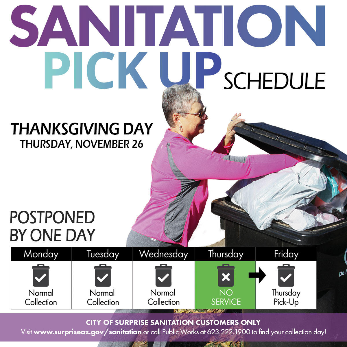 City of Surprise trash schedule changes and closures for Thanksgiving