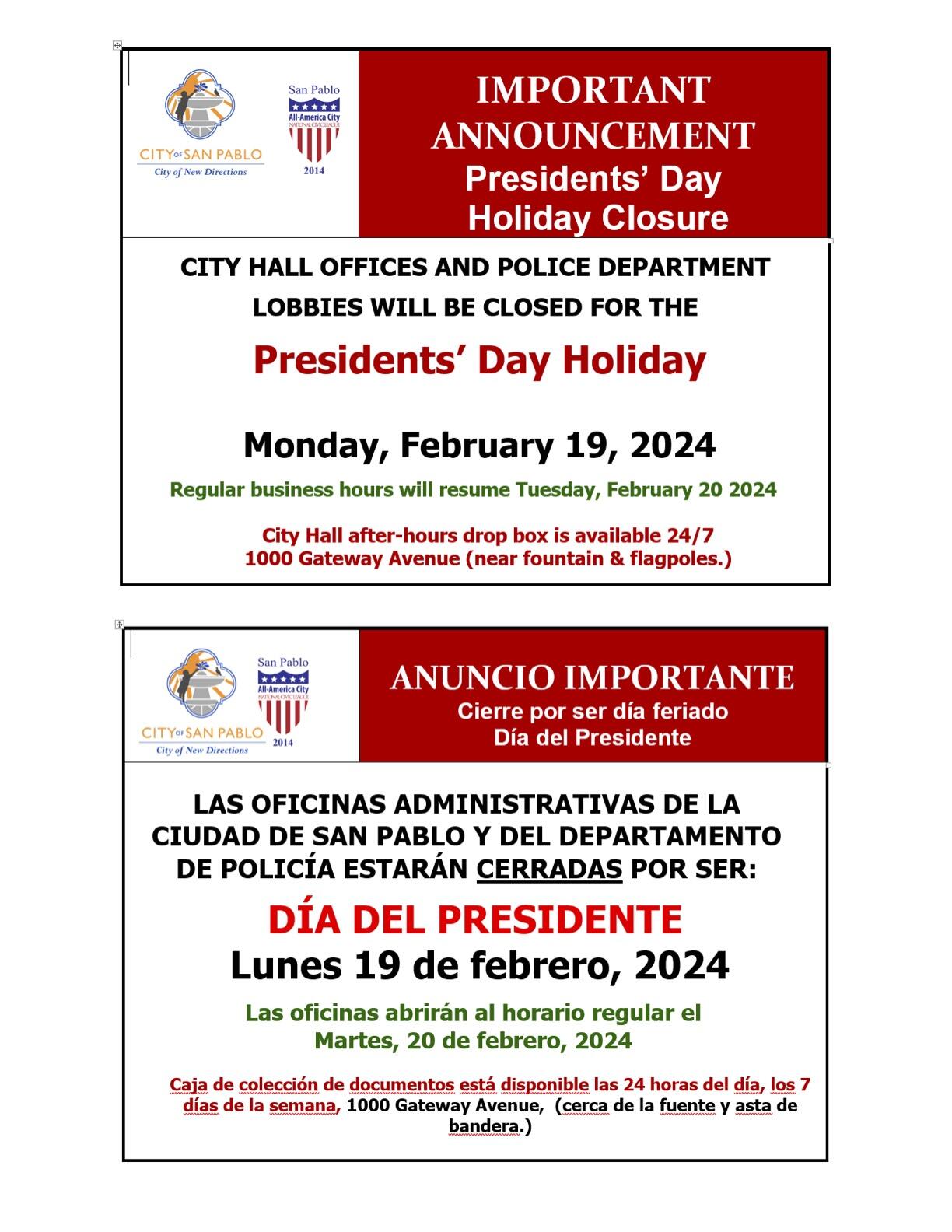 Please note that City Hall offices and Police Department lobbies will