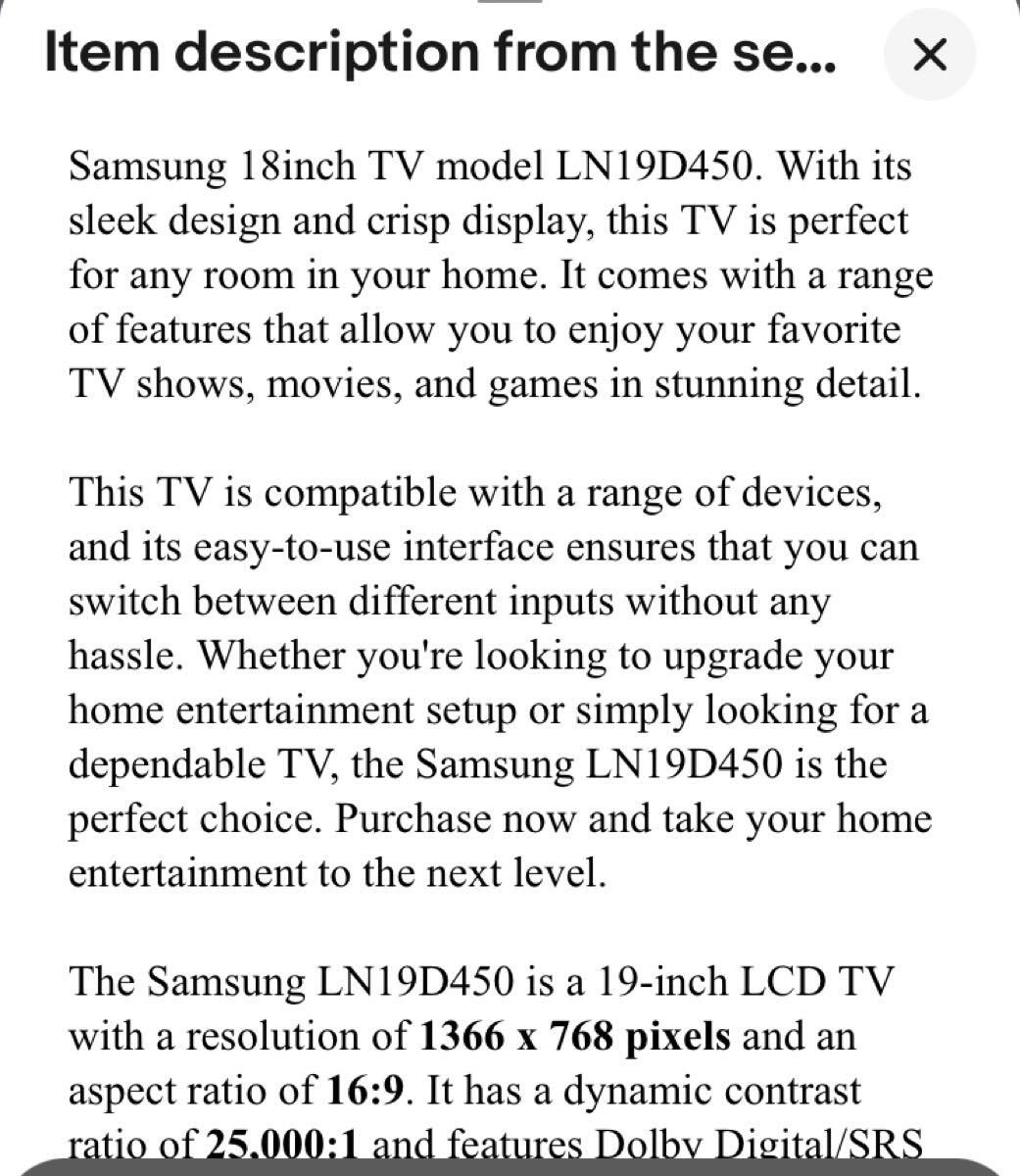 Samsung 18inch TV model LN19D450 for $40 in Wooster, OH | For Sale ...