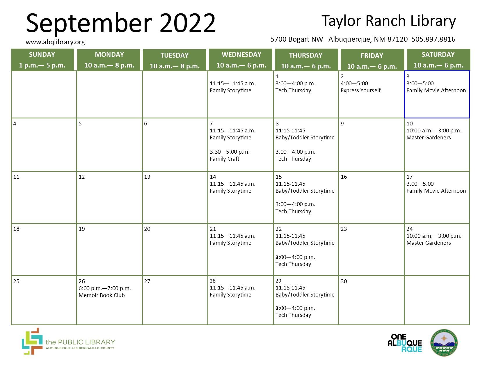 Taylor Ranch Library, September 2022 Calendar & Programs (City of