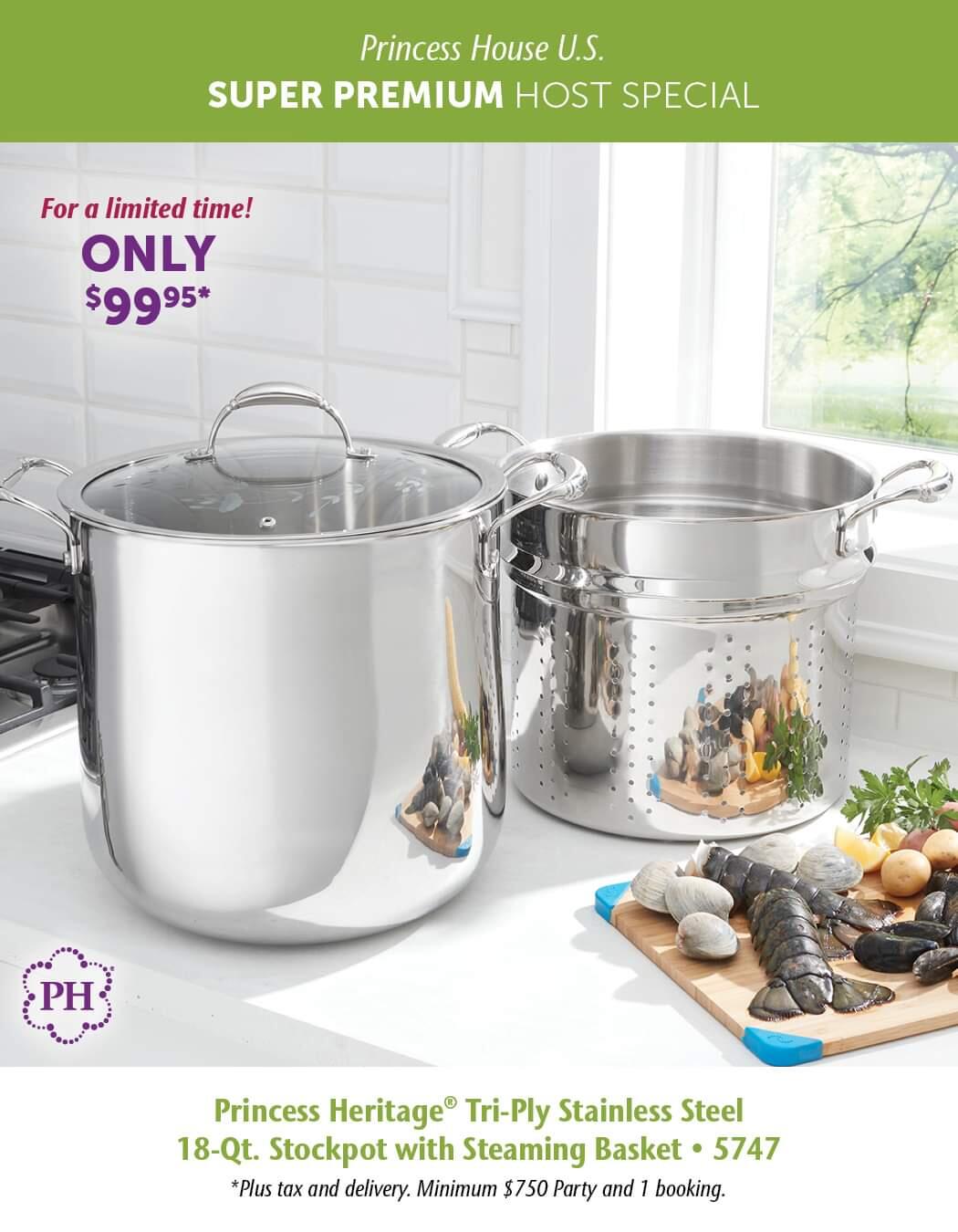 Princess Heritage Tri-Ply Stainless 18-Qt. Stockpot with Steaming Basket  (5747)