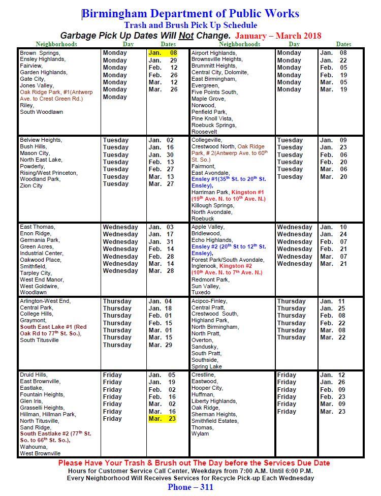 Birmingham Department of Public Works Trash and Brush PickUp Schedule