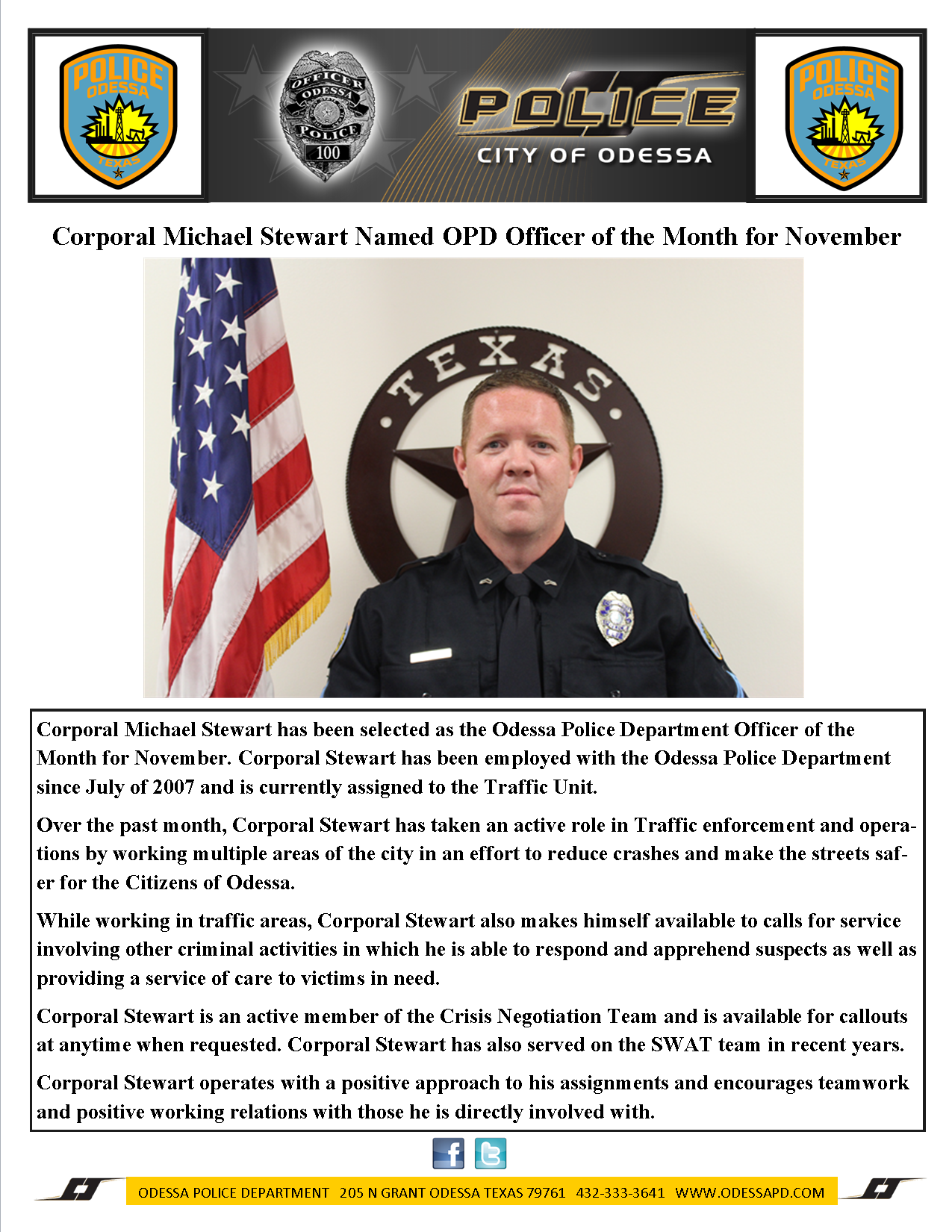 Corporal Michael Stewart Named OPD Officer of the Month for November ...