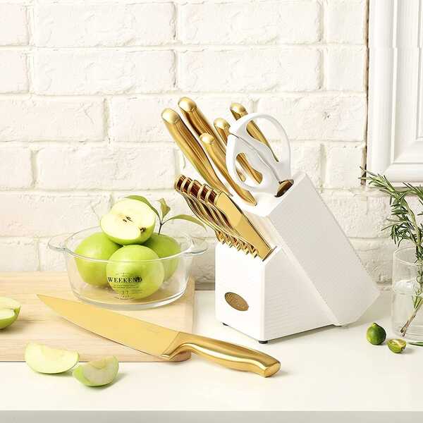 Marco Almond MA21 14-Piece Knife Set with Block Golden Kitchen Knife Block  Set Stainless Steel 