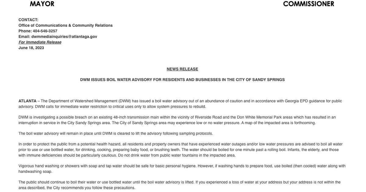⚠️ NEWS RELEASE DWM ISSUES BOIL WATER ADVISORY FOR RESIDENTS AND BUSINESSES IN THE CITY OF