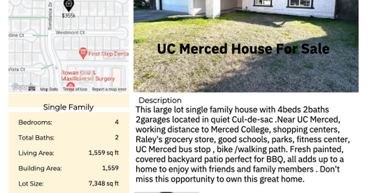 UC Merced Big Lot Single Family House For Sale 350,000 for 355000 in