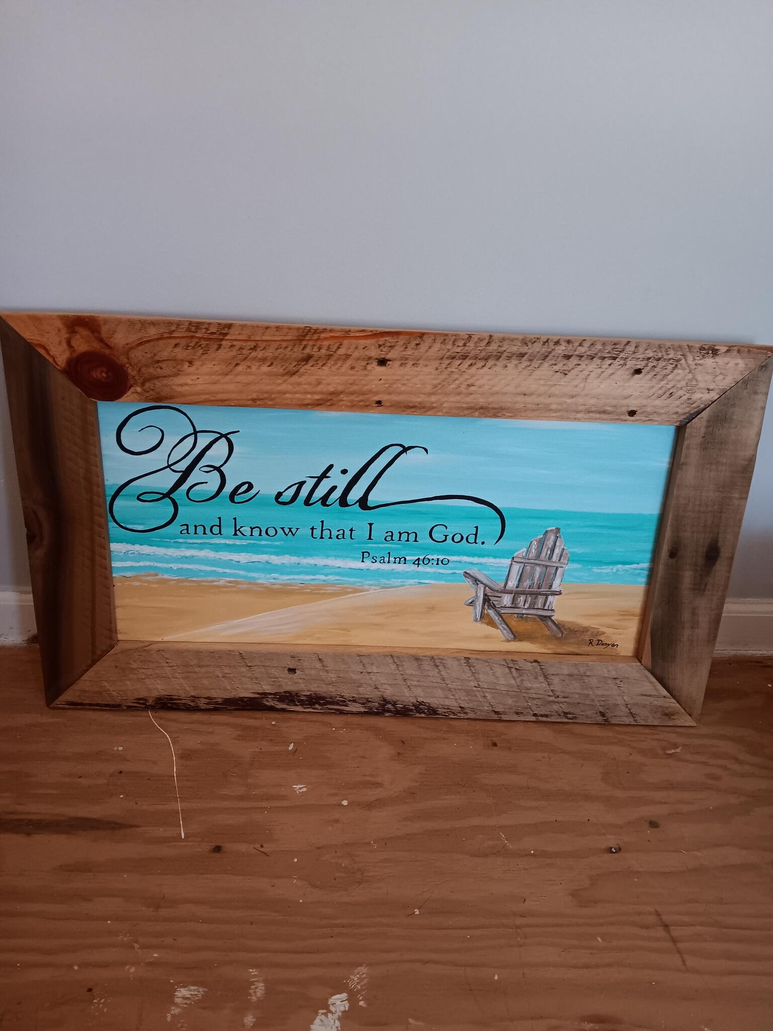 Framed Beach Scene Painting with Psalm 46:10