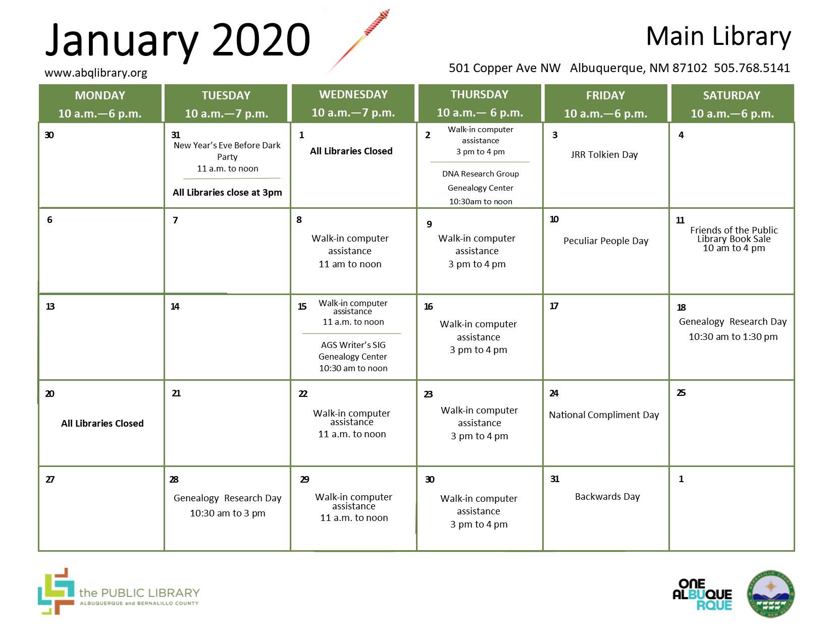 Main Library, January 2020 Calendar & Programs (City of Albuquerque