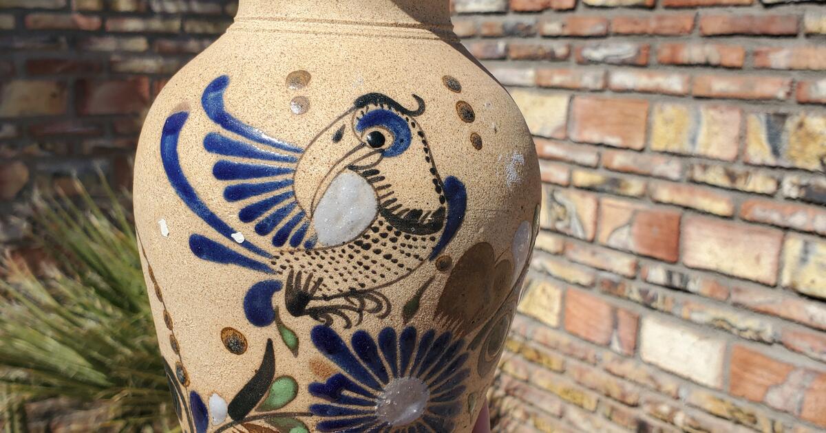 Vintage Tonala Mexican Folk Art Pottery Bird Vase Signed for 20 in