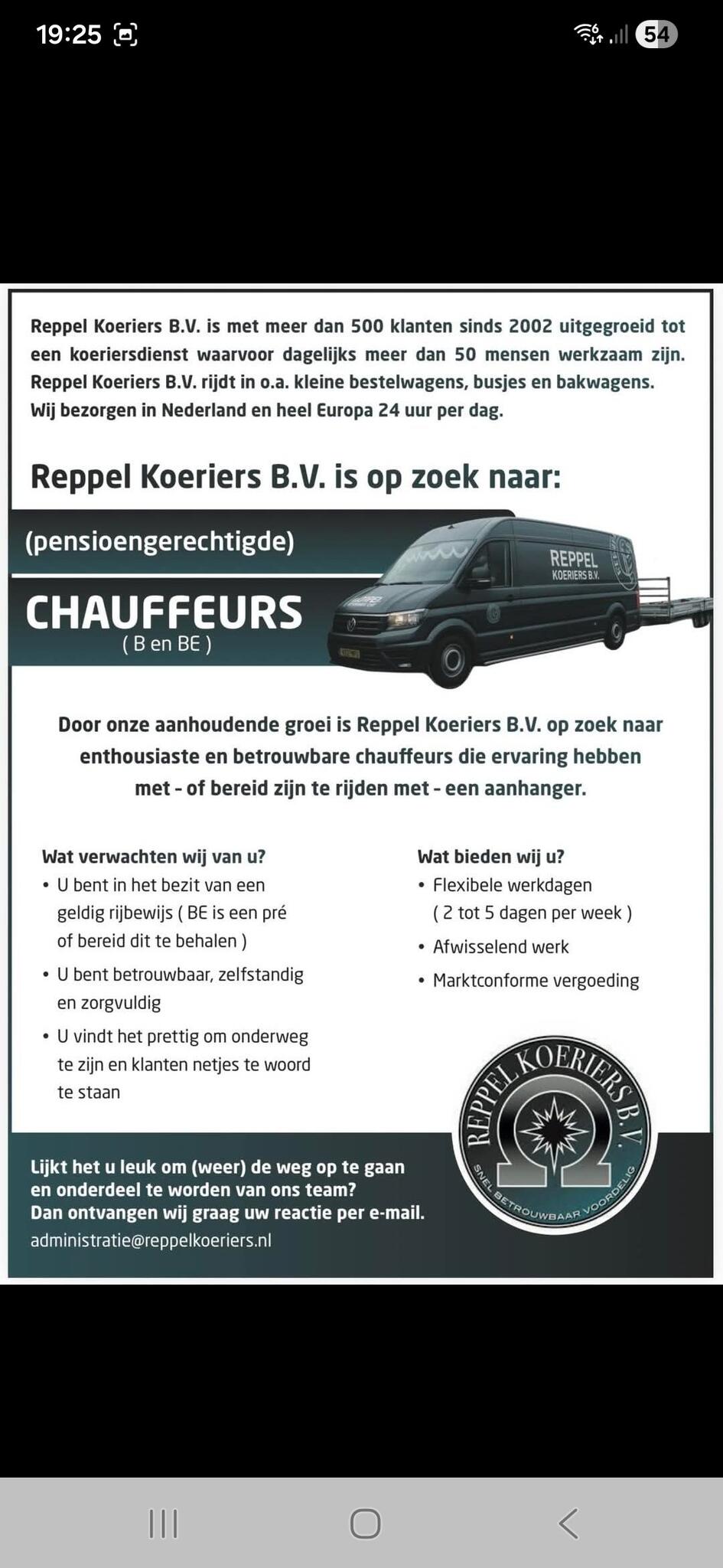 Voor meer info, neem contact op met Reppel koeriers