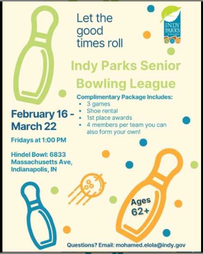 Indy Parks Senior Bowling League February 16th through March 22nd