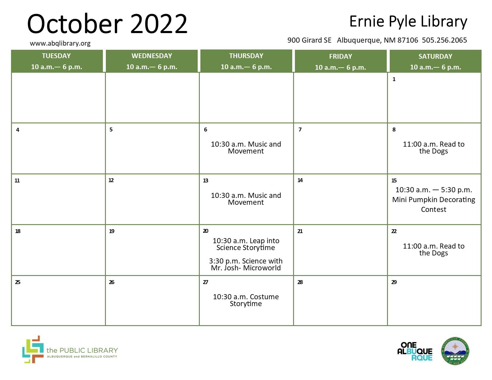 Ernie Pyle Library, October 2022 Calendar & Programs (City of ...