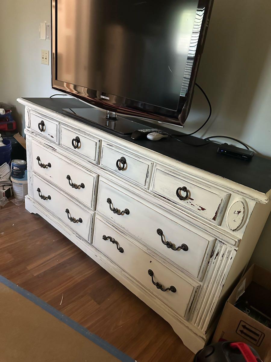 white dresser with black top How to Paint a Distressed White Dresser with Surprise Drawers