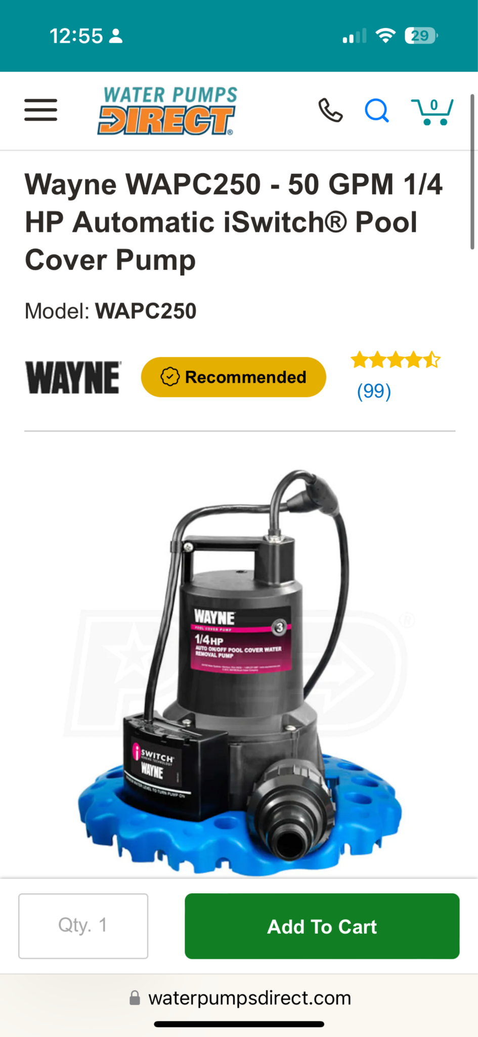 Wayne 1/4 HP Auto On/Off Pool Cover Water Removal Pump WAPC250