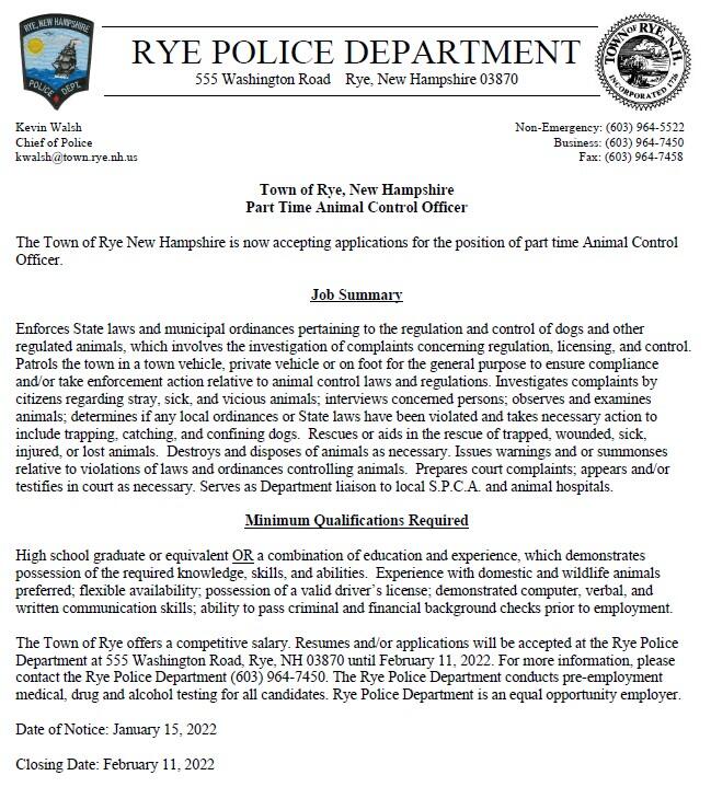 Hiring part-time animal control officer (Rye Police Department ...