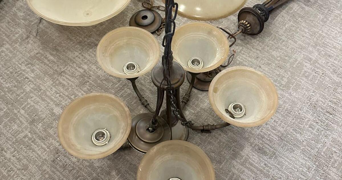 Three (3) Antique Brass lighting fixtures, one (1) chandelier and two