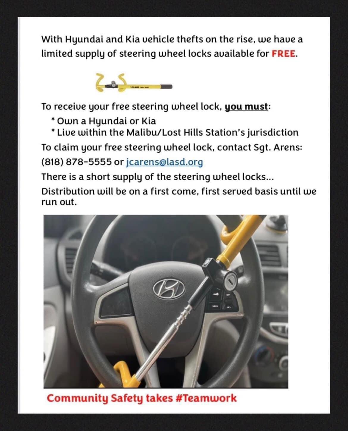????FREE STEERING WHEEL LOCK????Hyundai and Kia vehicle thefts are on the ...