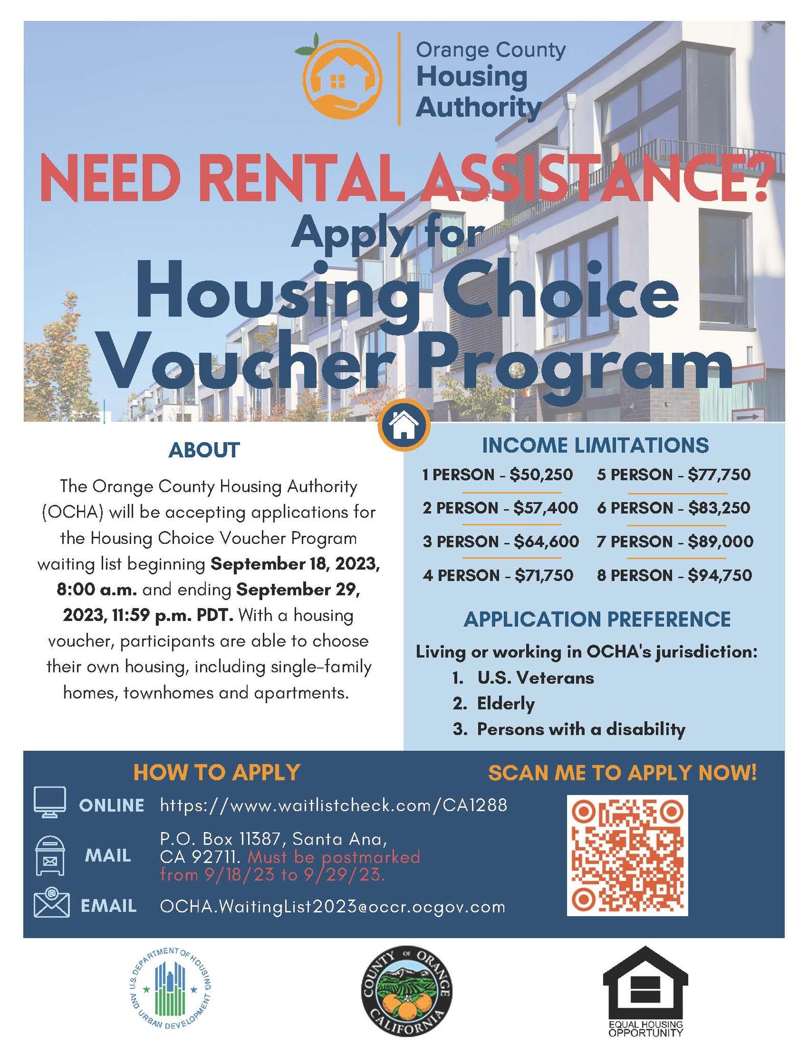 The Orange County Housing Authority (OCHA) is accepting applications