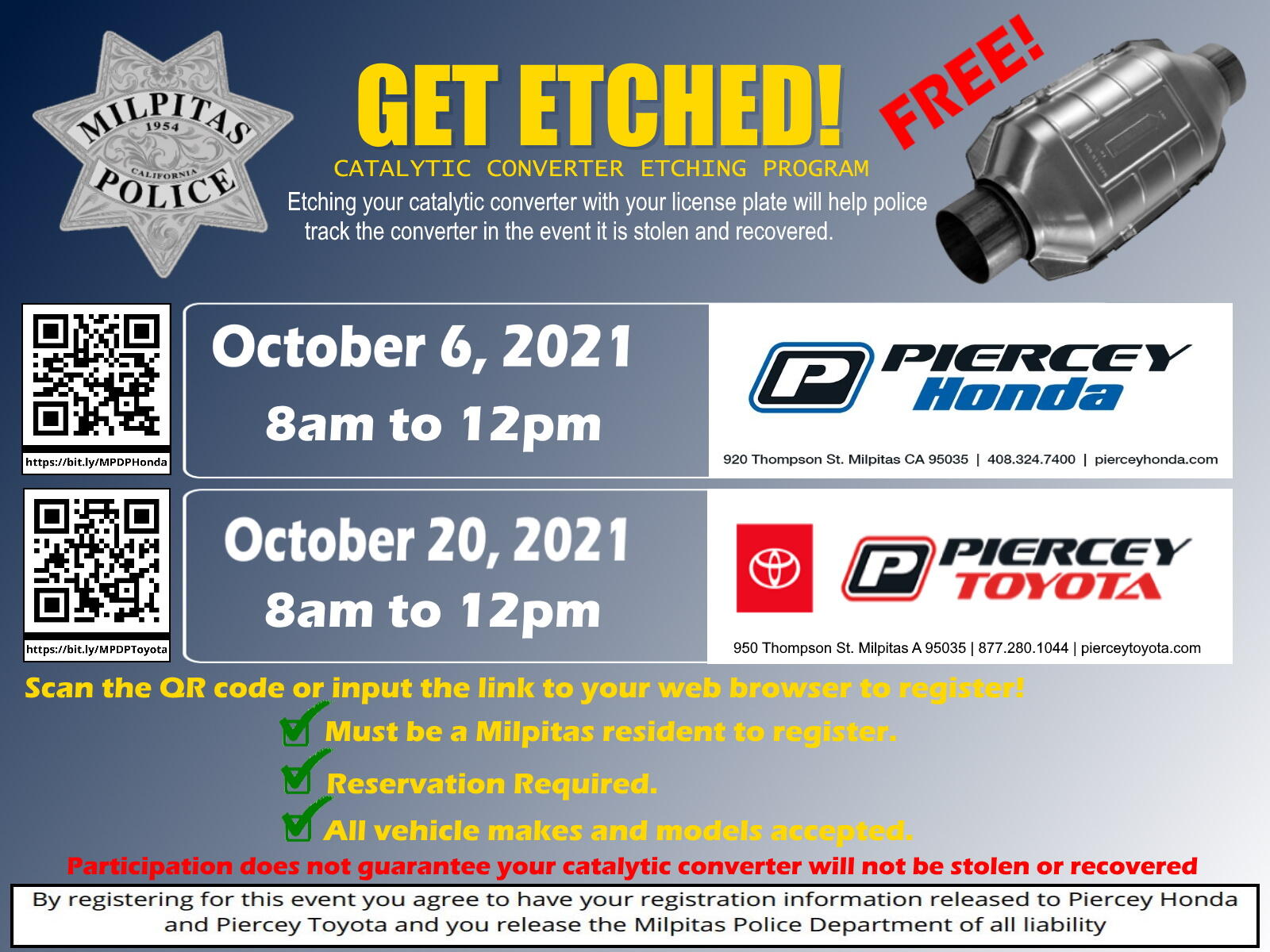 Catalytic Converter Etching Program October 6th and 20th ***UPDATE