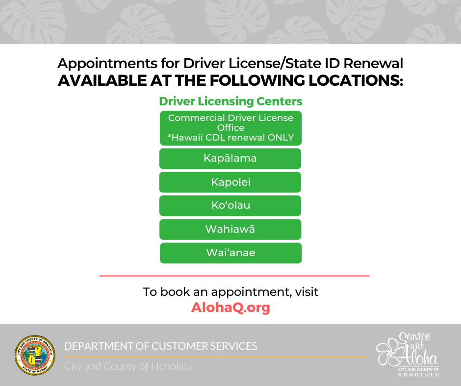 Current AlohaQ appointment locations (City and County of Honolulu