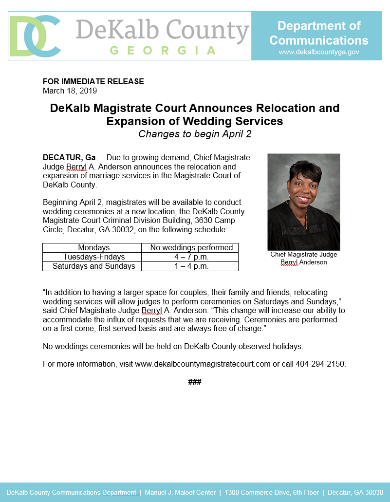 DeKalb Magistrate Court Announces Relocation and Expansion of Wedding  Services (DeKalb County Police Department) &mdash; Nextdoor — Nextdoor
